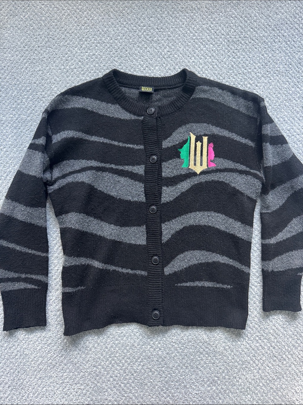 Black & Gray Striped Button Cardigan with Multicolor Crest
